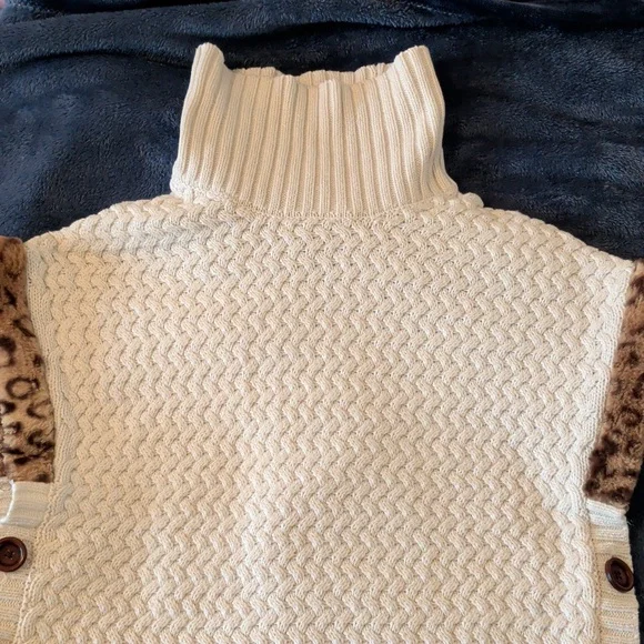 Aspen Kids Turtleneck Poncho Cream Faux Fur Size L 10 Cape Knit - Picture 5 of 11